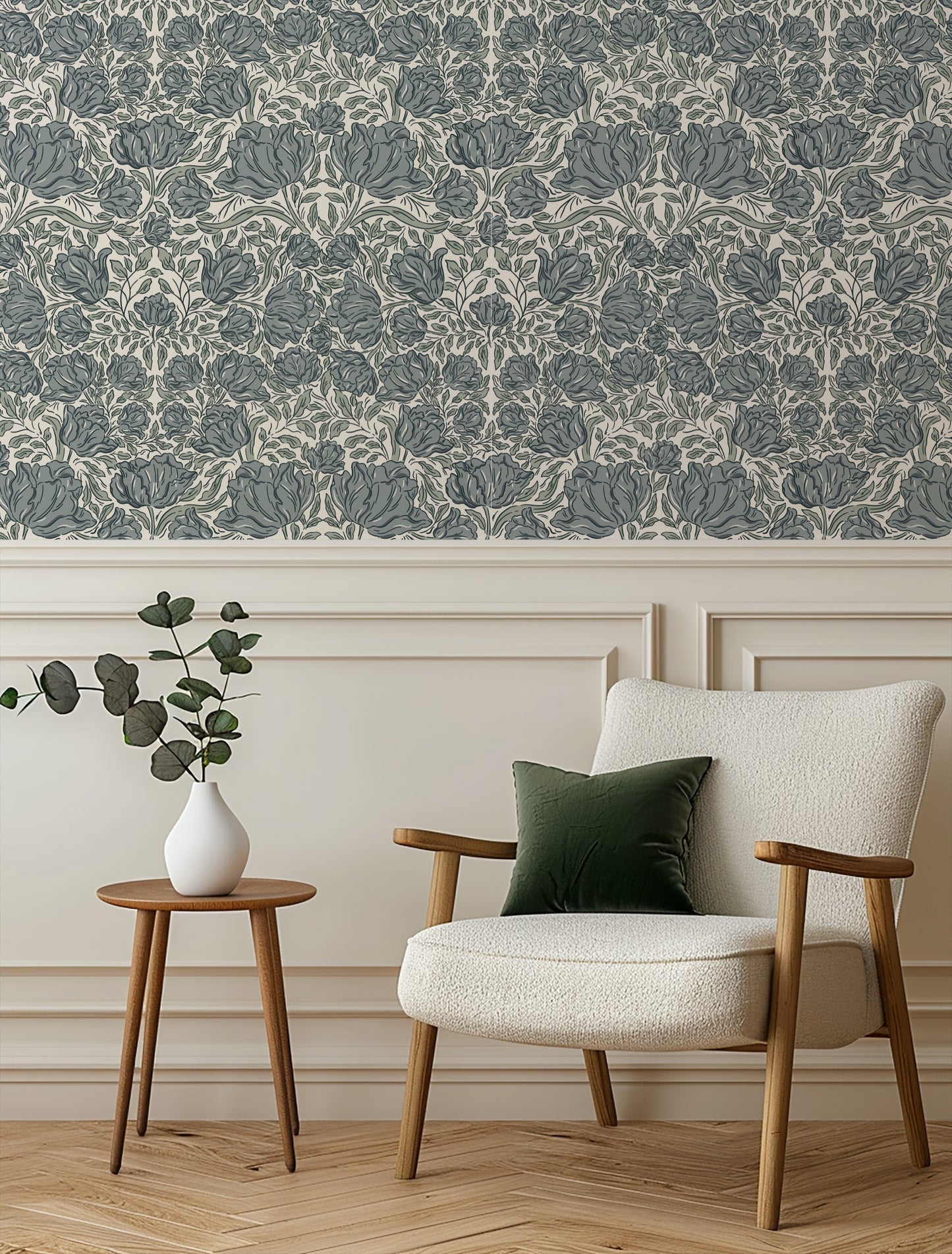 Laced Tulips Wallpaper in Blue shown in a hallway.