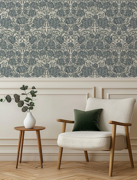 Laced Tulips Wallpaper in Blue shown in a hallway.