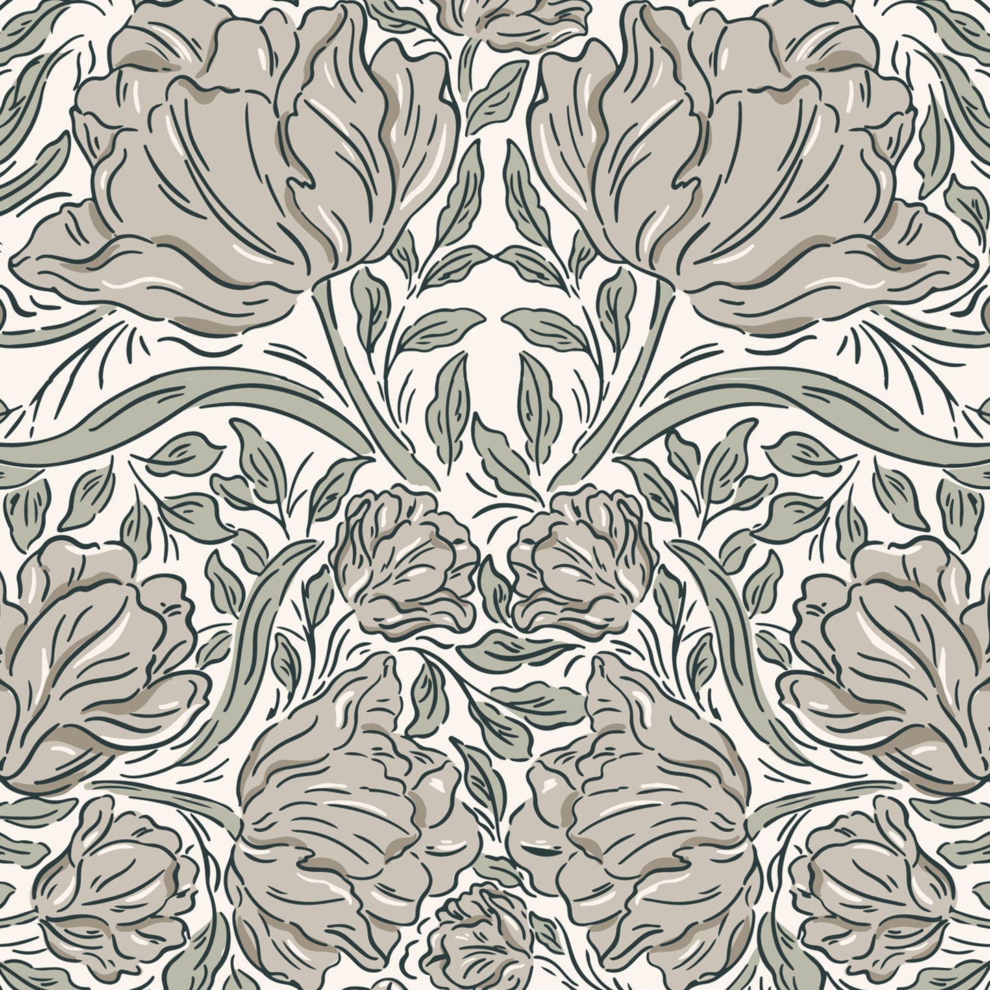 Laced Tulips Wallpaper in Stone shown close up.