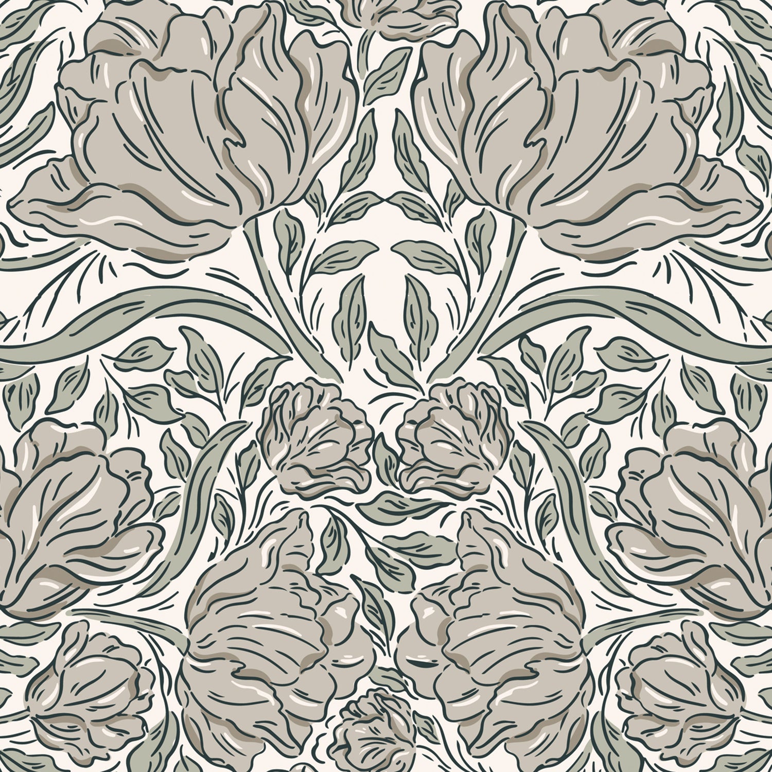Laced Tulips Wallpaper in Stone shown close up.