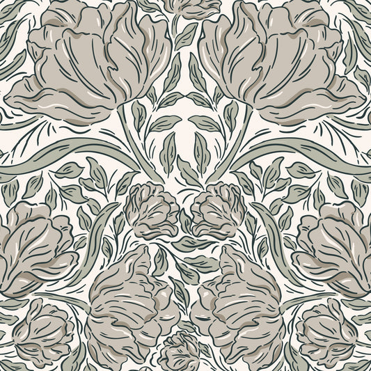 Laced Tulips Wallpaper in Stone shown close up.