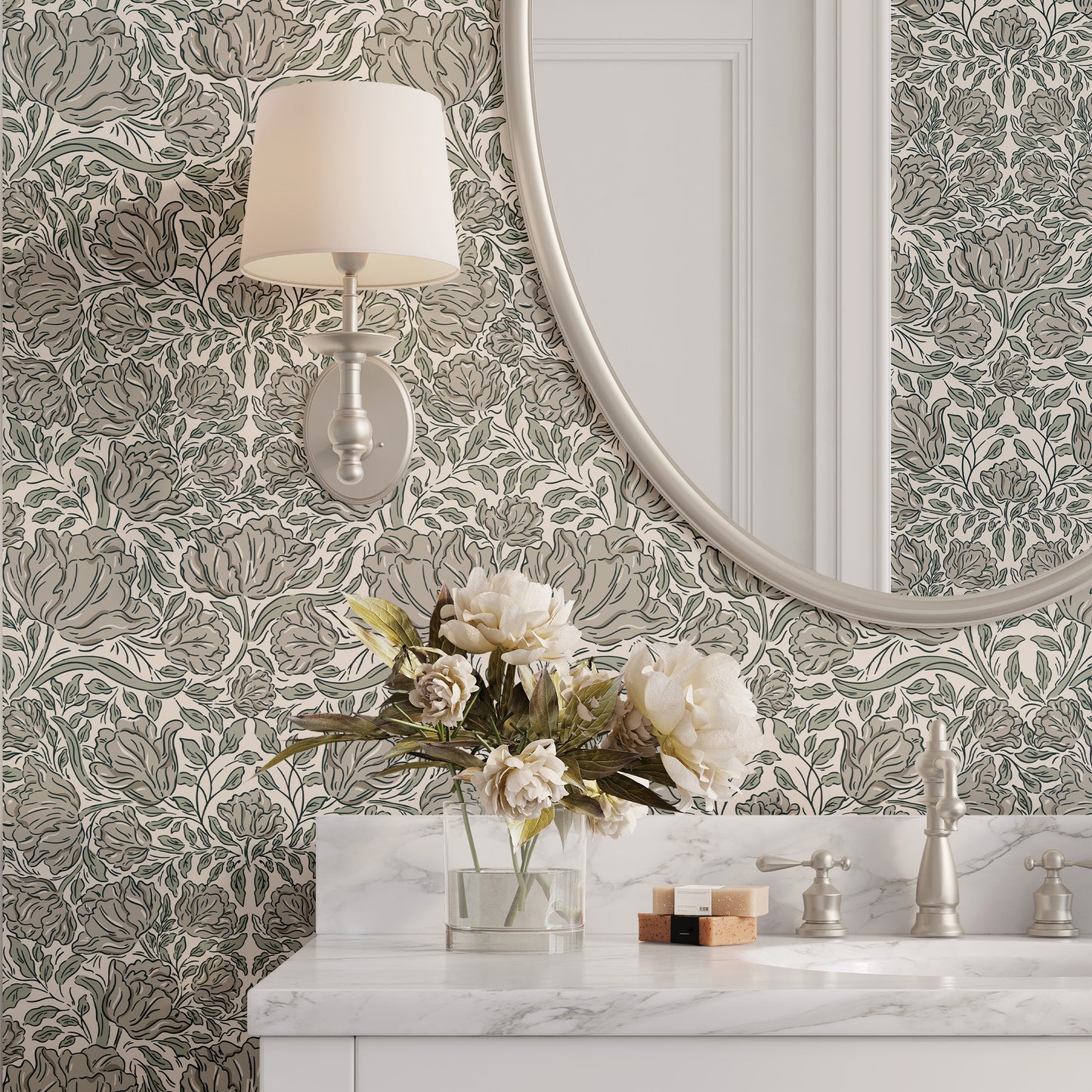 Laced Tulips Wallpaper in Stone shown in a bathroom.