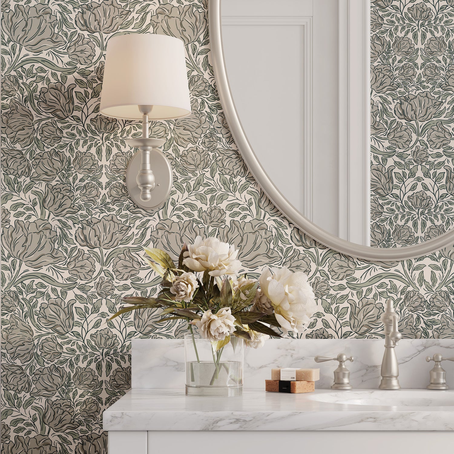 Laced Tulips Wallpaper in Stone shown in a bathroom.