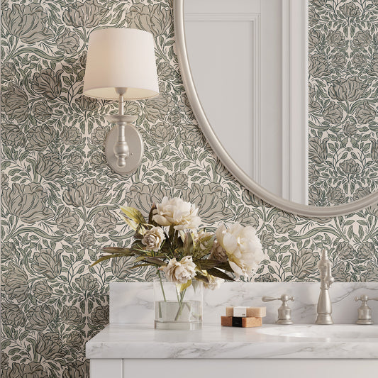 Laced Tulips Wallpaper in Stone shown in a bathroom.
