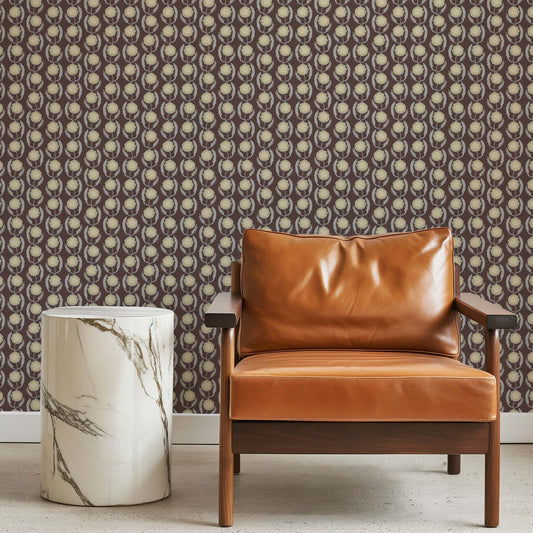 Lazy Peonies Wallpaper in Walnut in an office