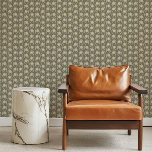 Lazy Peonies Wallpaper in Sage shown in an office