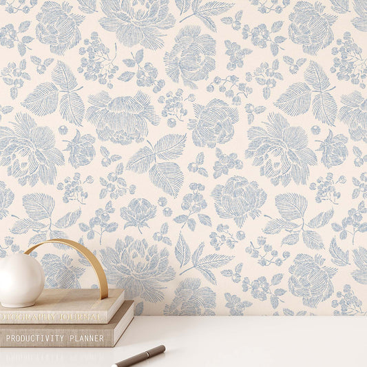 Infuse your walls with classic elegance with our Line Peonies and Berries Wallpaper in China Blue. The delicate blooms of peonies and sweet berries add a touch of sophistication to any room