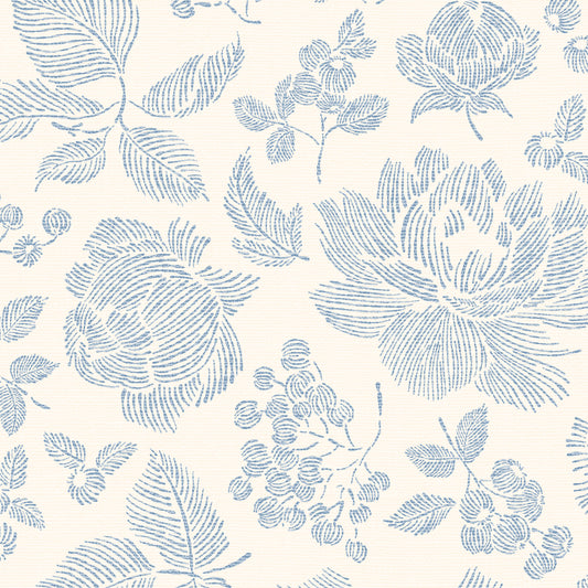 Infuse your walls with classic elegance with our Line Peonies and Berries Wallpaper in China Blue. The delicate blooms of peonies and sweet berries add a touch of sophistication to any room