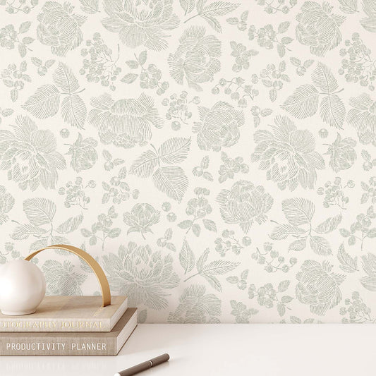 Line Peonies and Berries Wallpaper - Sage