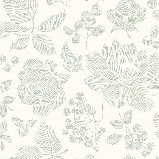 Line Peonies and Berries Wallpaper - Sage