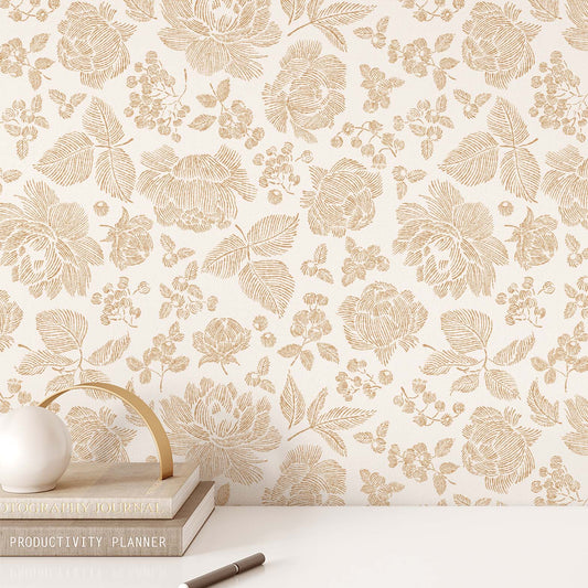 Line Peonies and Berries Wallpaper - Tawny
