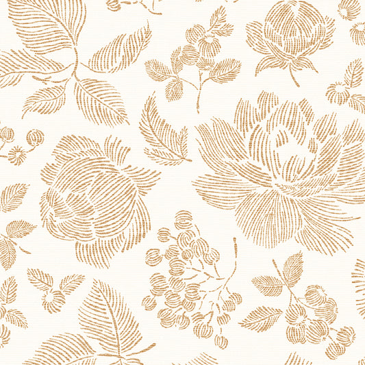 Line Peonies and Berries Wallpaper - Tawny