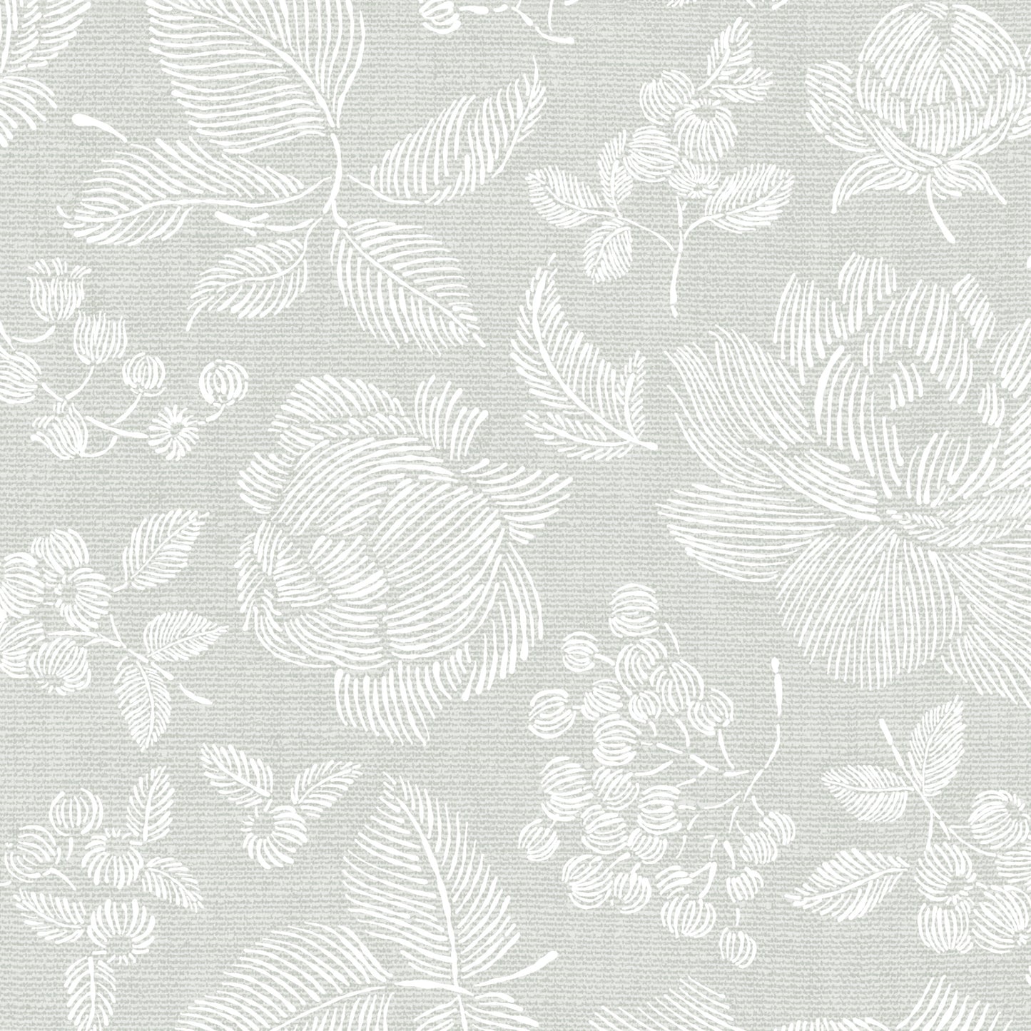 Line Peonies and Berries Wallpaper - White on Sage