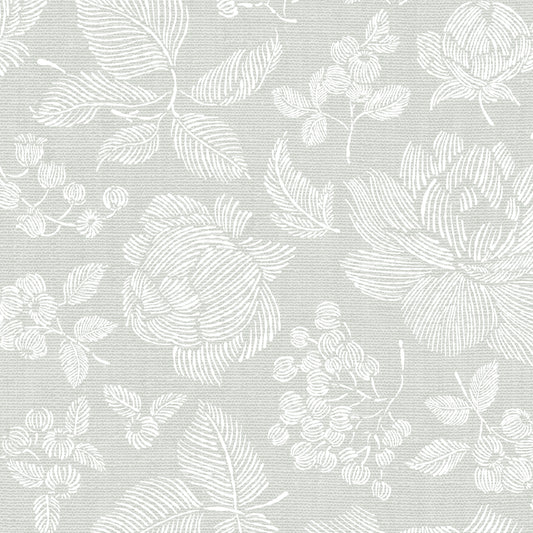 Line Peonies and Berries Wallpaper - White on Sage