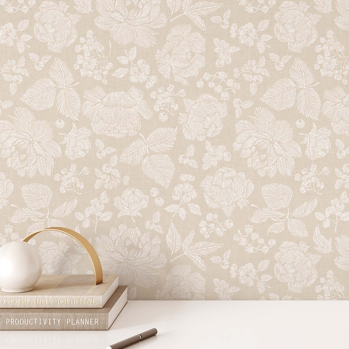 Line Peonies and Berries Wallpaper - White on Tan