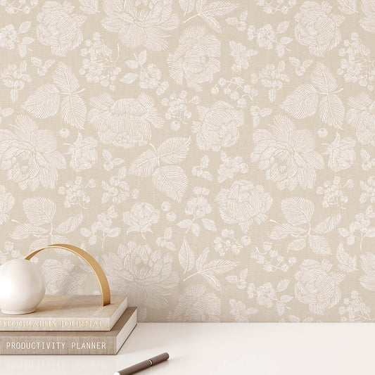 Line Peonies and Berries Wallpaper - White on Tan