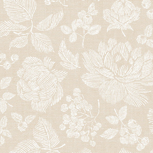 Line Peonies and Berries Wallpaper - White on Tan