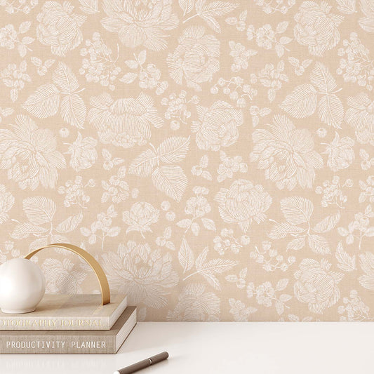 Line Peonies and Berries Wallpaper - White on Beige