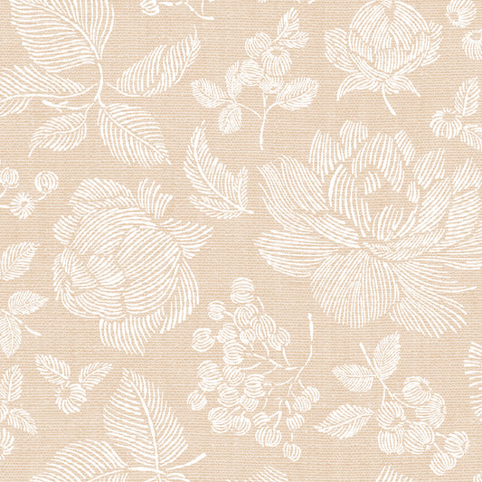 Line Peonies and Berries Wallpaper - White on Beige