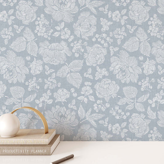 Line Peonies and Berries Wallpaper - White on China Blue