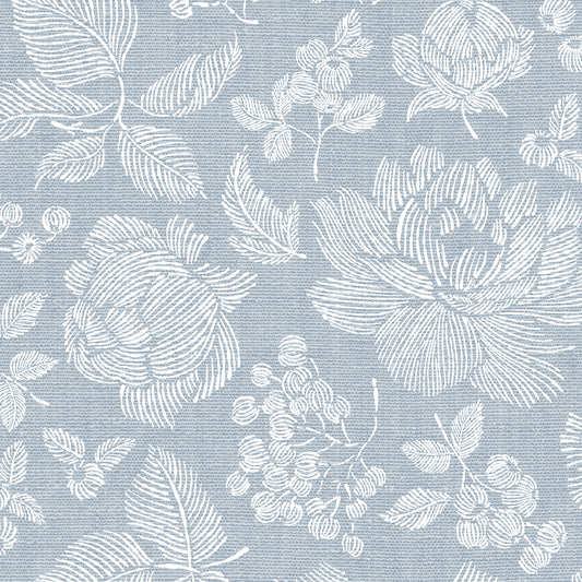 Line Peonies and Berries Wallpaper - White on China Blue