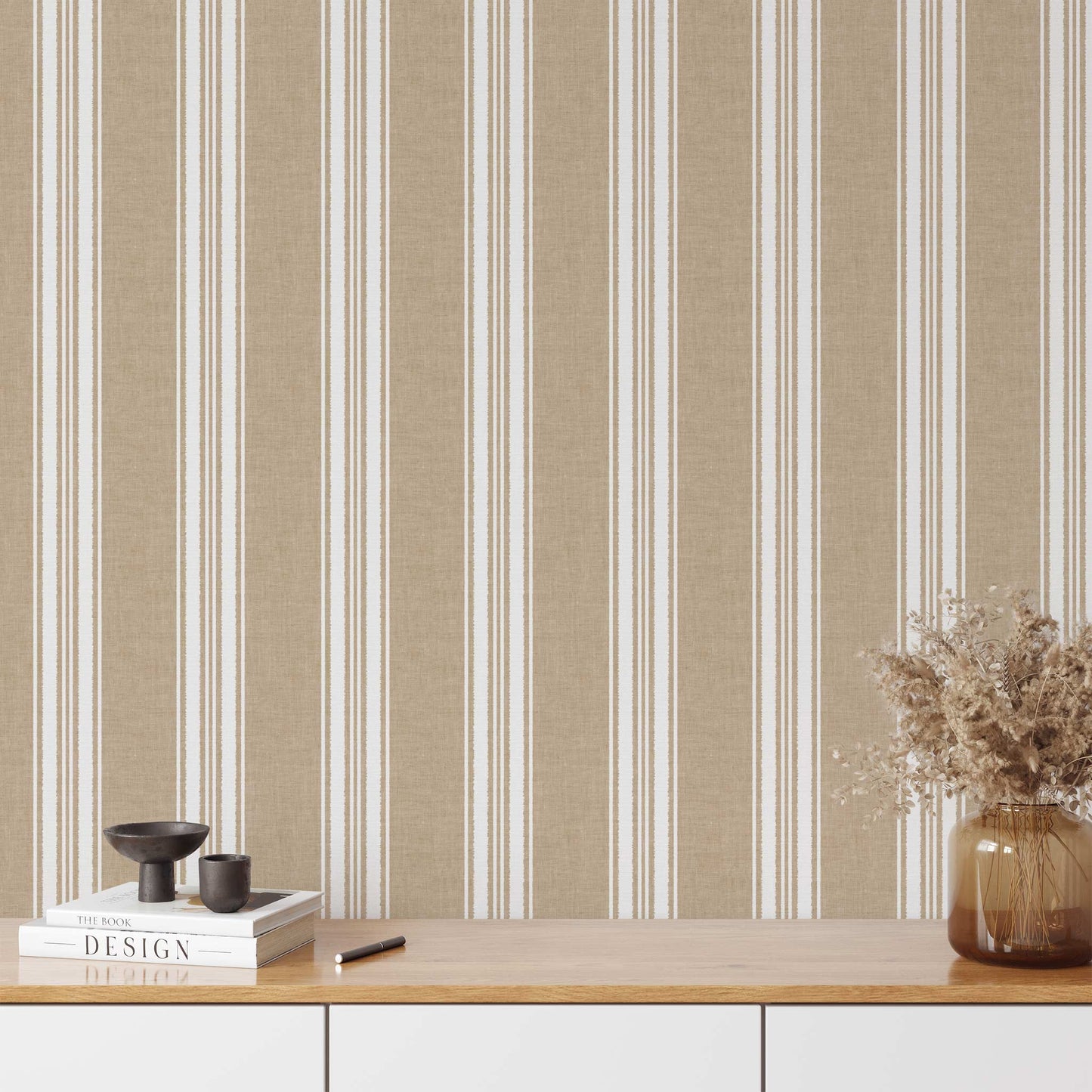 Linen Stripes Wallpaper in Beige shown on a statement wall