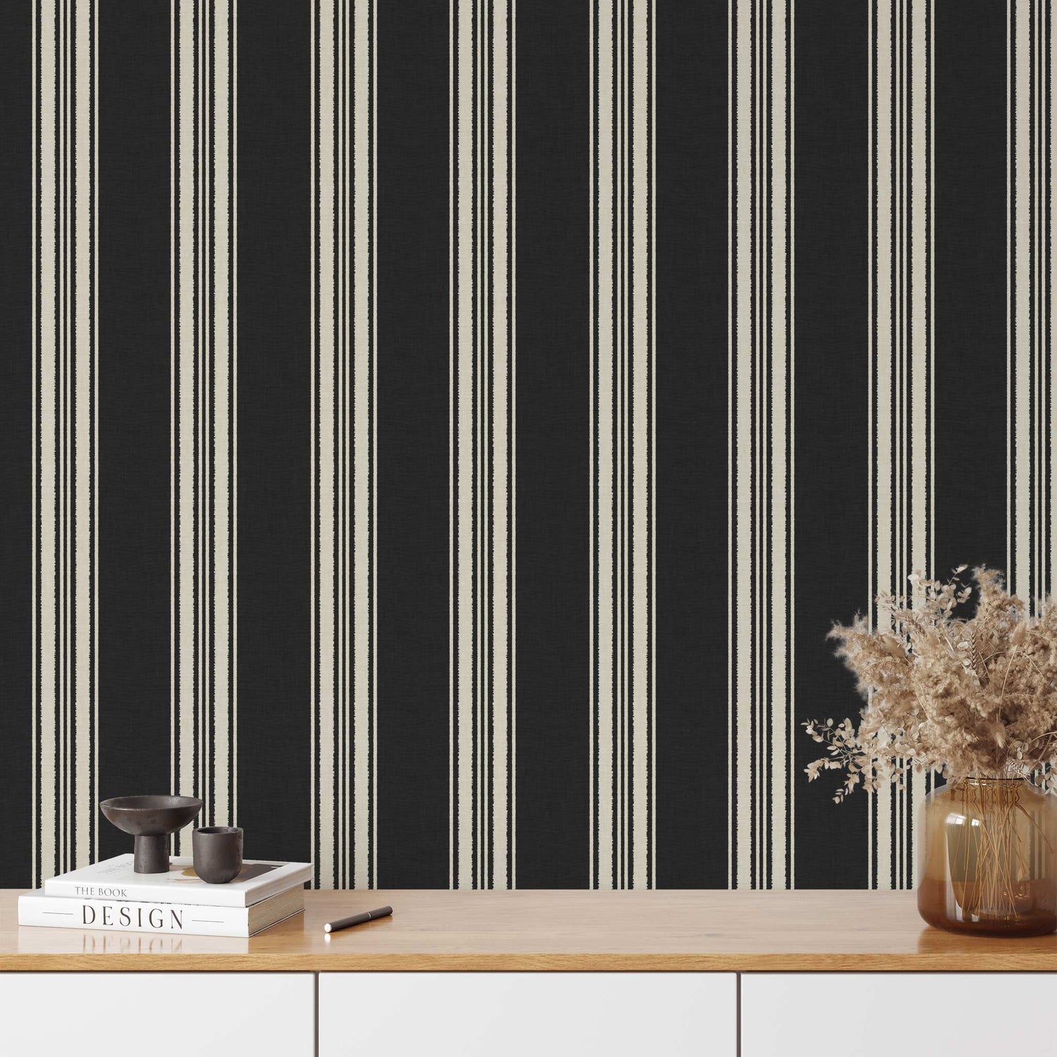 Linen Stripes Wallpaper in Charcoal shown on a statement wall