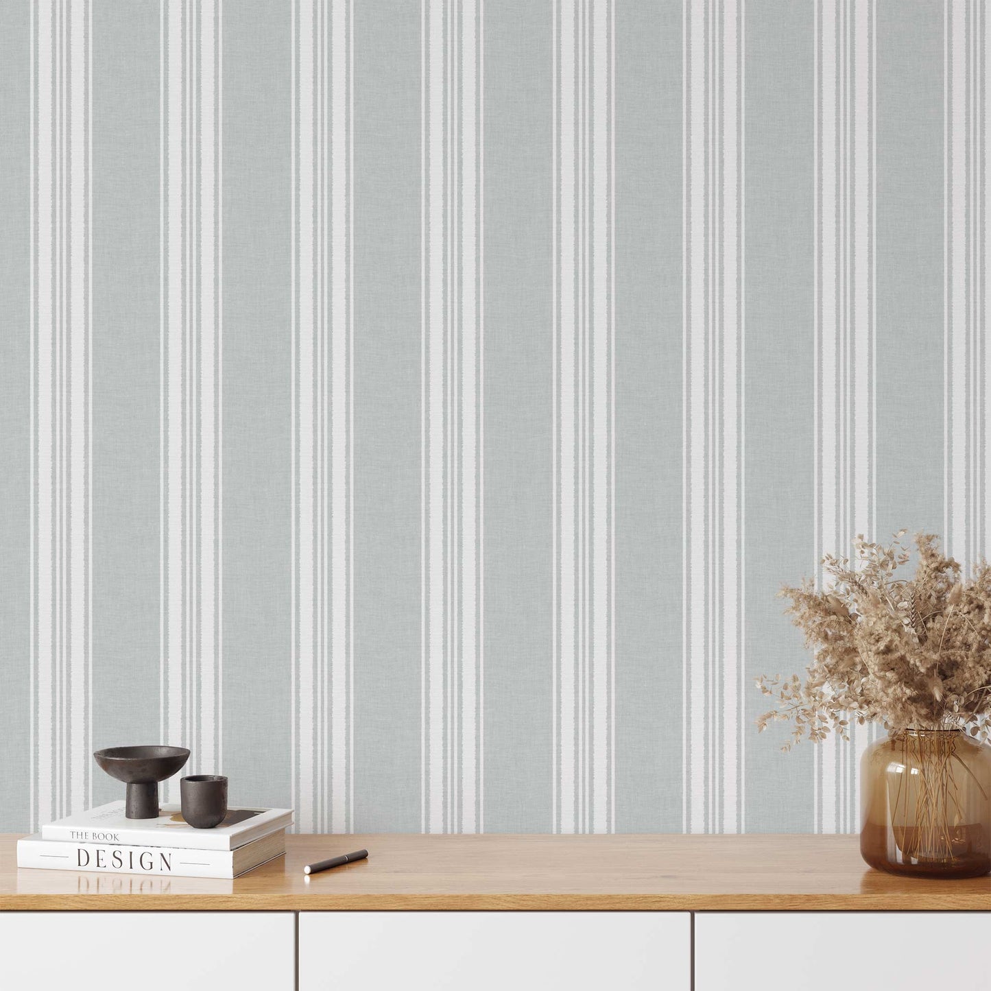 Linen Stripes Wallpaper in Dove Gray shown on a statement wall