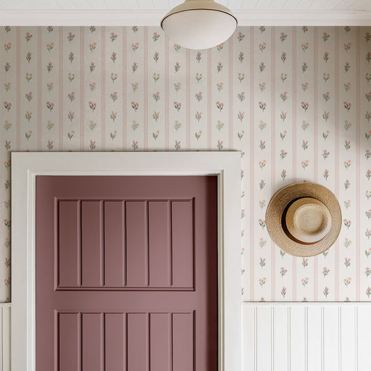 Lottie Floral Stripe Wallpaper in Pink