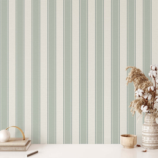 Blue green stripes on wallpaper in an entryway