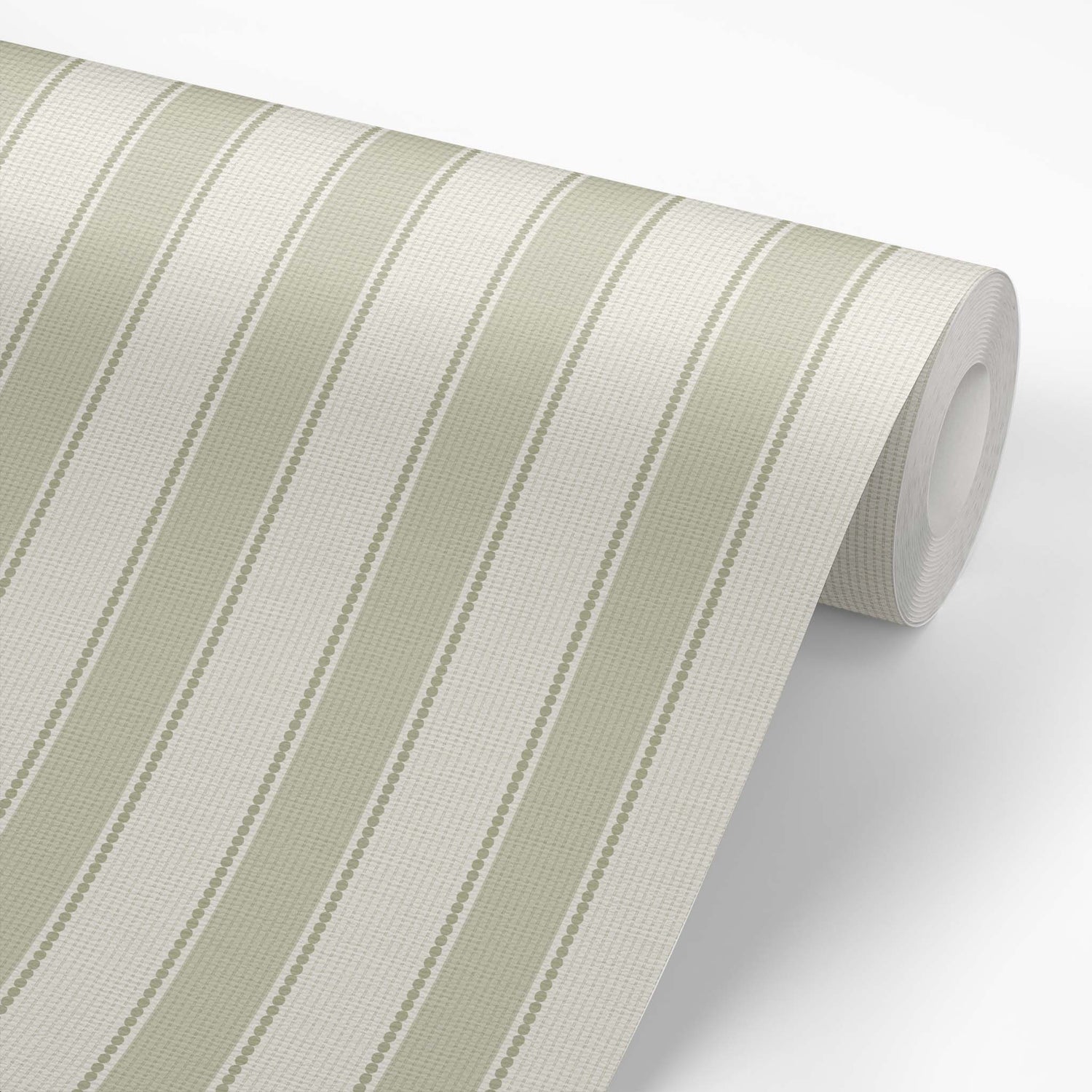 Roll of green and white striped wallpaper on a light gray background