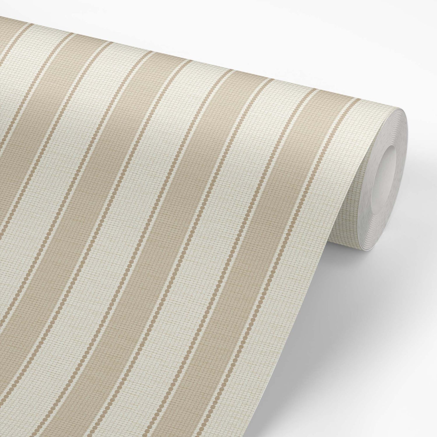 Roll of beige and white striped wallpaper on a light cream background