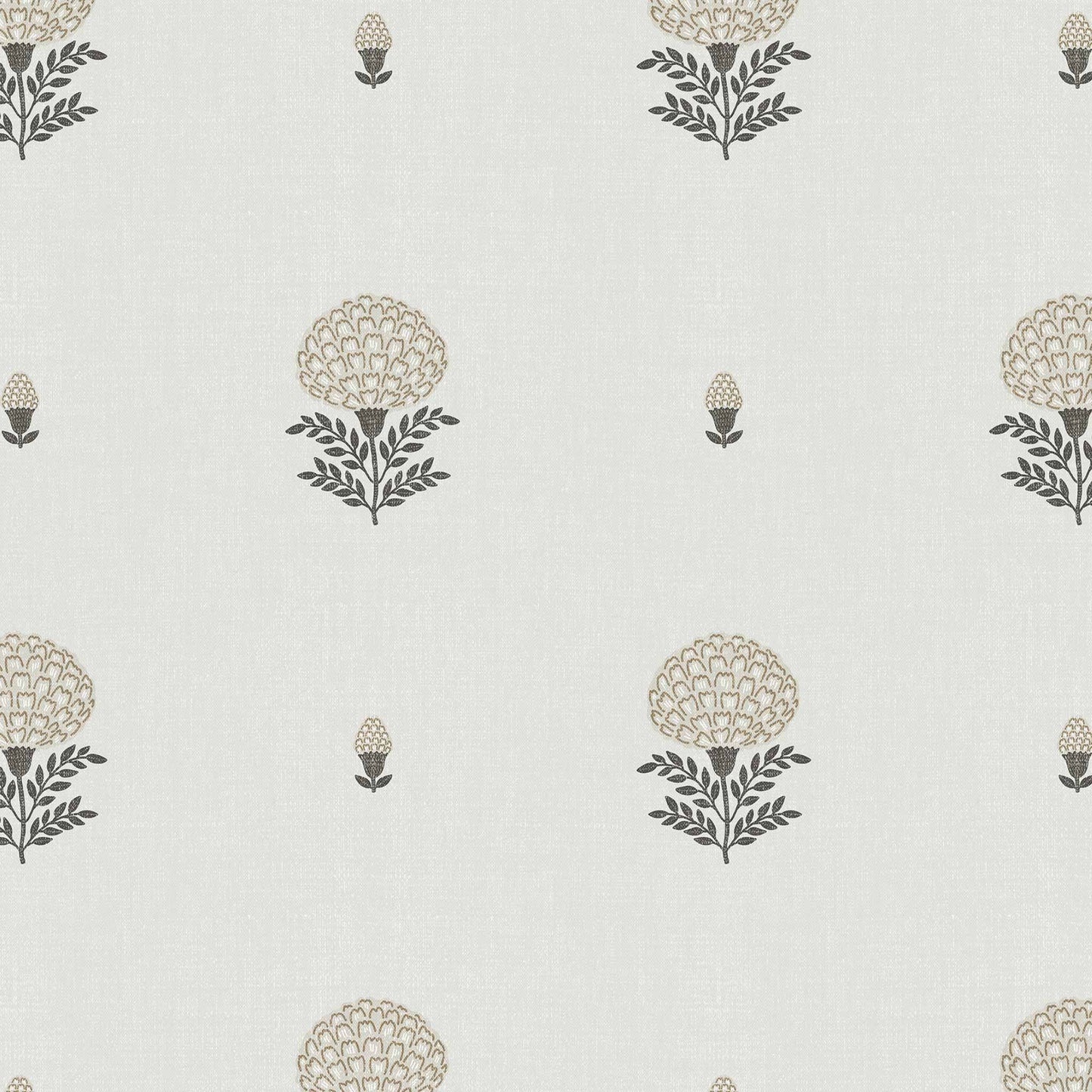 Marigolds Wallpaper in Light Gray shown close up.