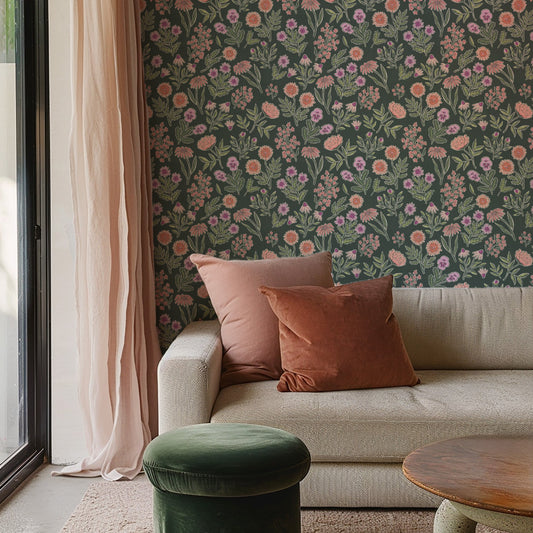 Living room with floral wallpaper