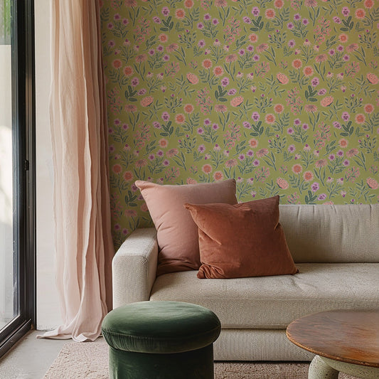 Living room with floral wallpaper