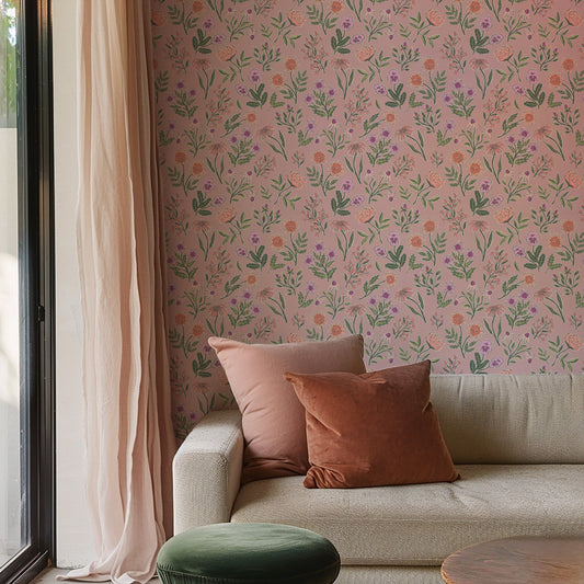 Living room with our Lyla Floral wallpaper with a beige sofa, and green ottoman