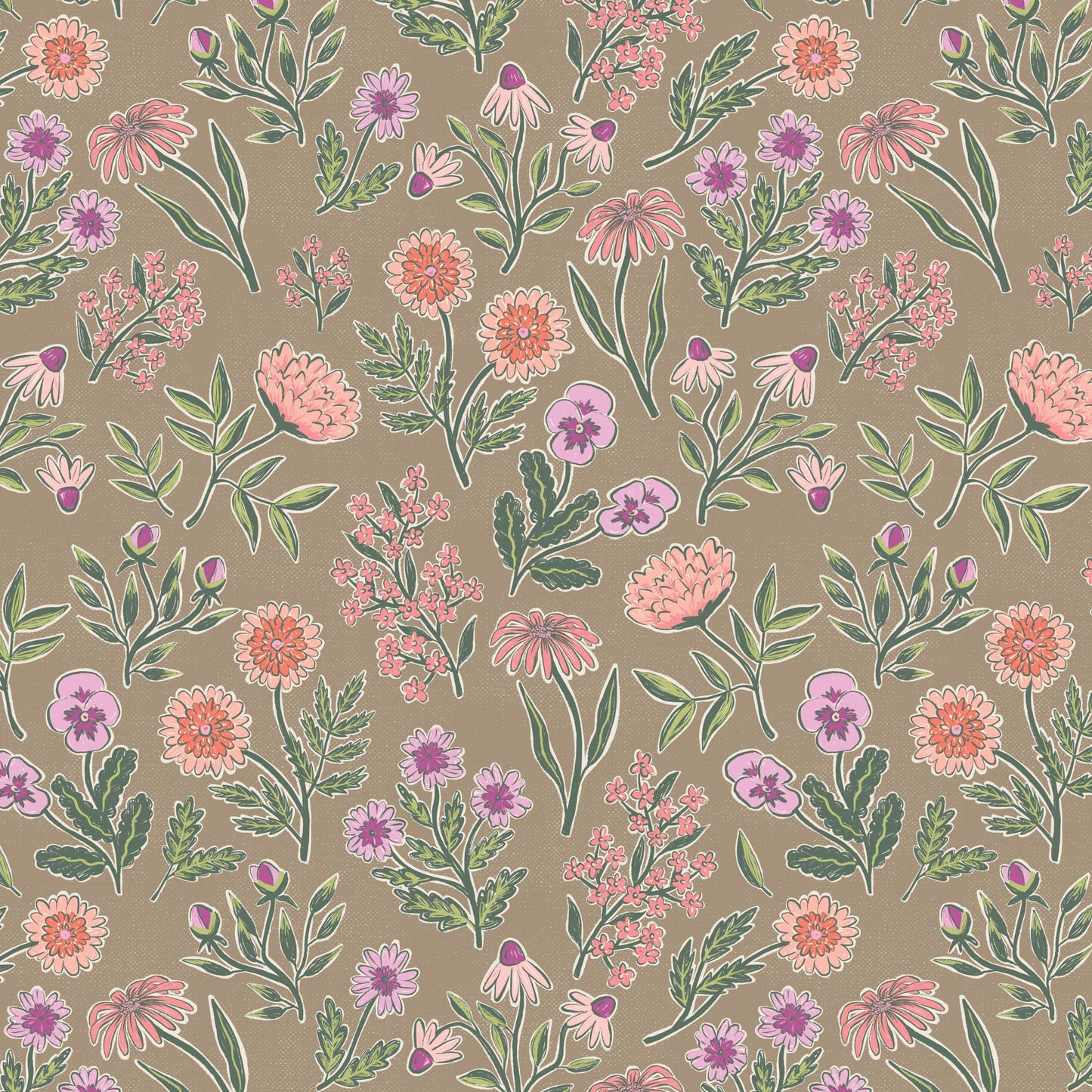 Wallpaper closeup of pink, purple, and green flowers on a brown background