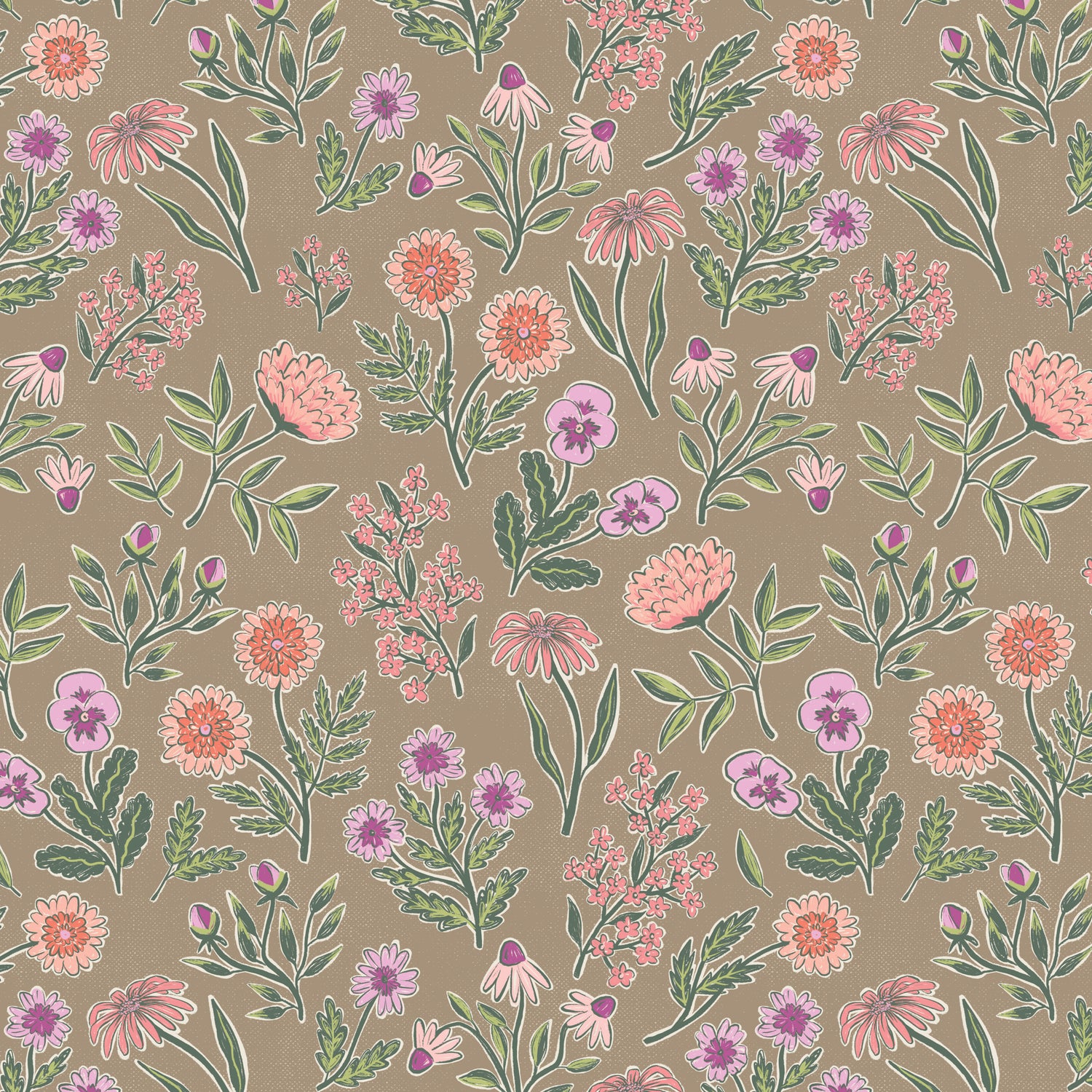 Wallpaper closeup of pink, purple, and green flowers on a brown background