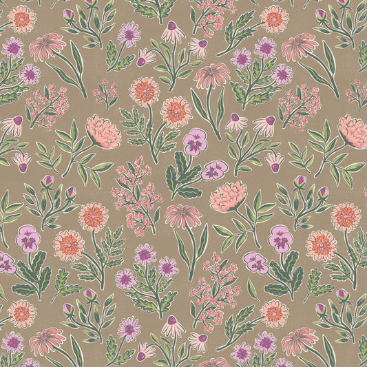Wallpaper closeup of pink, purple, and green flowers on a brown background