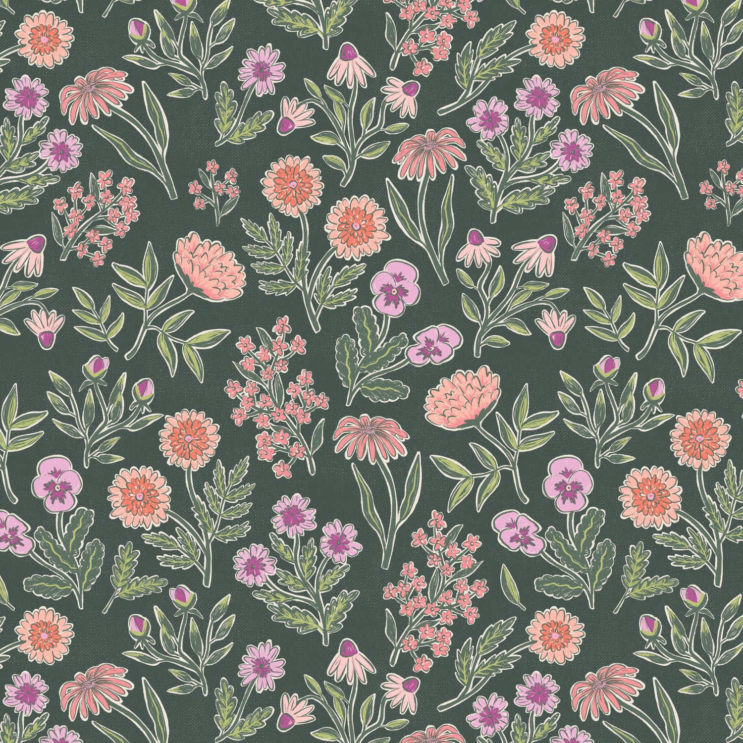 Floral pattern with pink and purple flowers on a dark green background