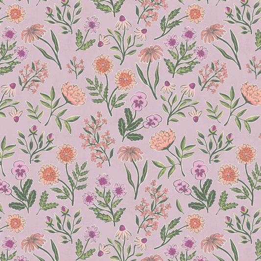 Floral pattern with pink, green, and orange flowers on a lavender background