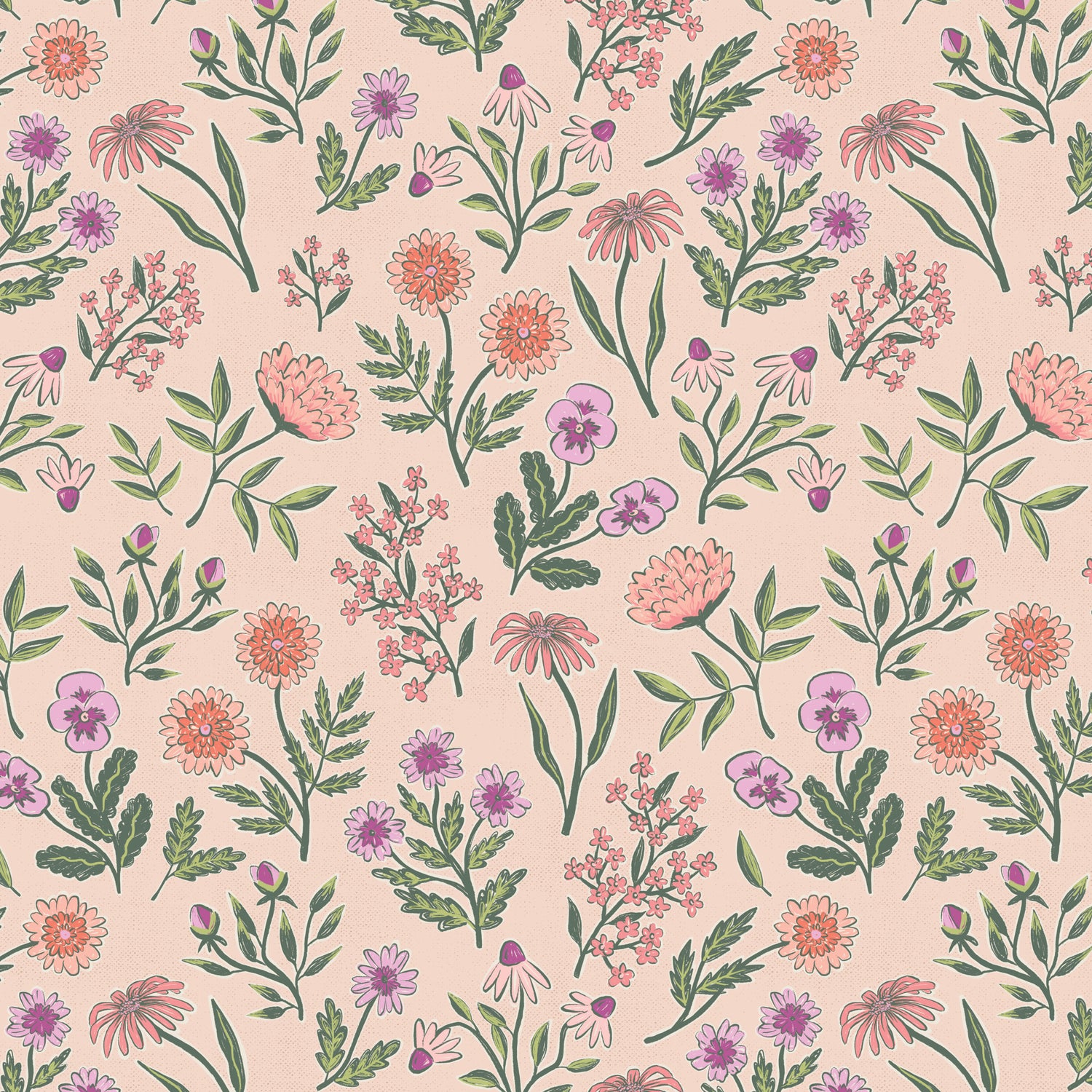 Floral pattern with pink, green, and purple flowers on a peach background