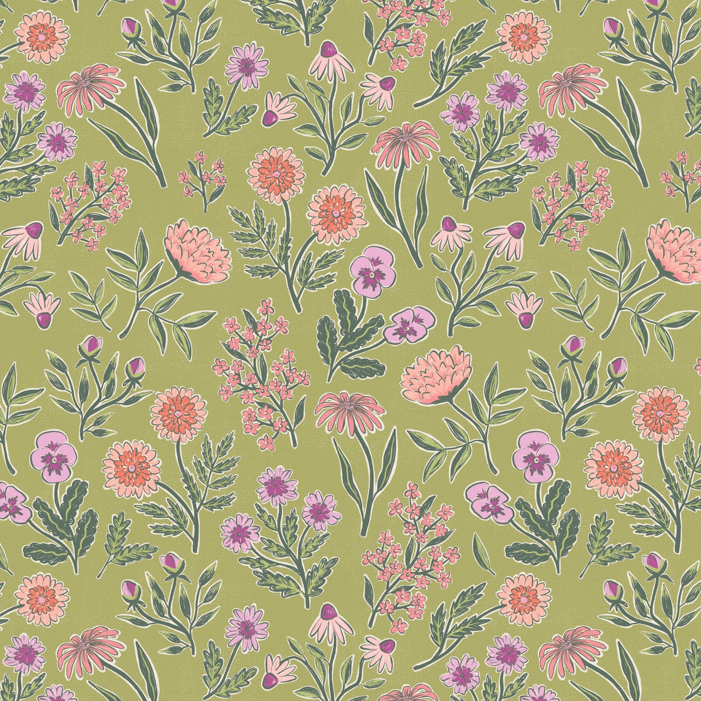 Floral pattern with pink and purple flowers on a pistachio background
