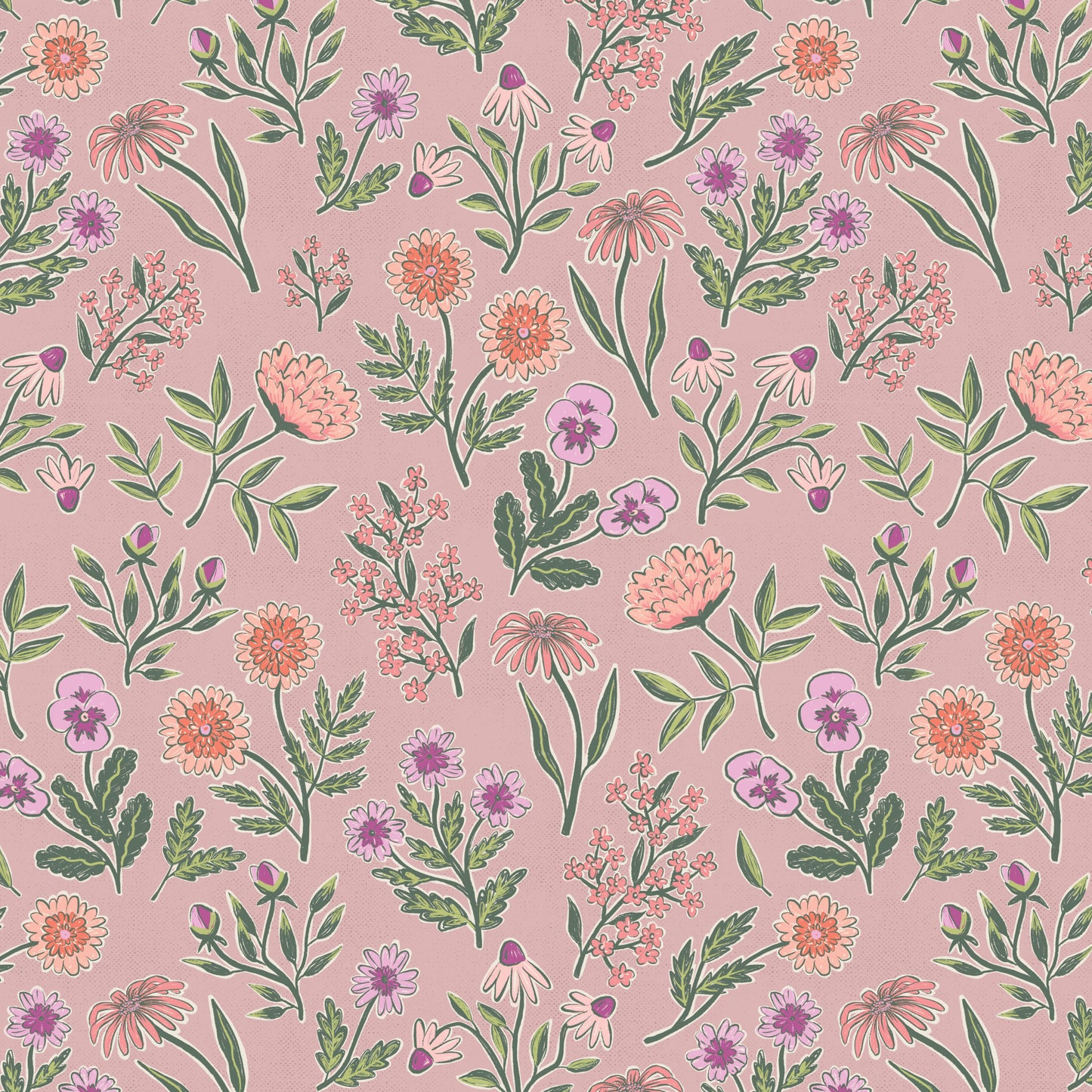Pattern of flowers and leaves on a rose background