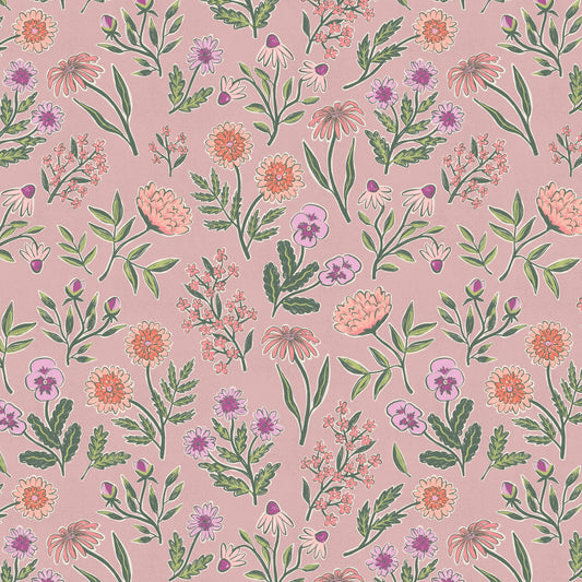 Pattern of flowers and leaves on a rose background