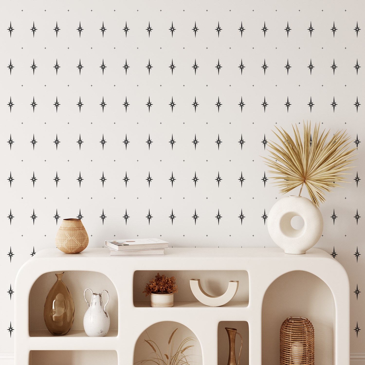 North Star wallpaper in Charcoal on Bone shown in a living room.