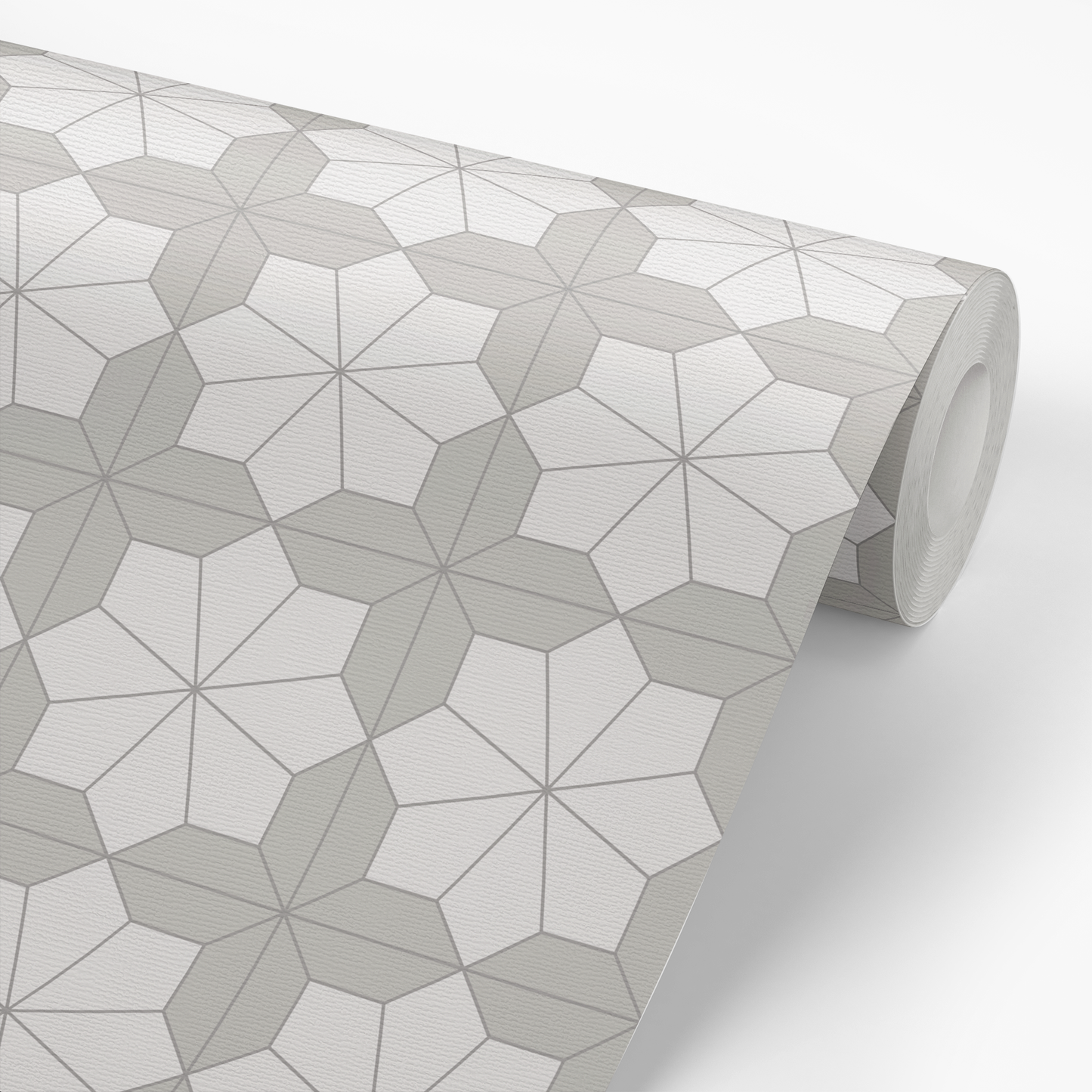 Roll of geometric patterned wallpaper with gray and white design