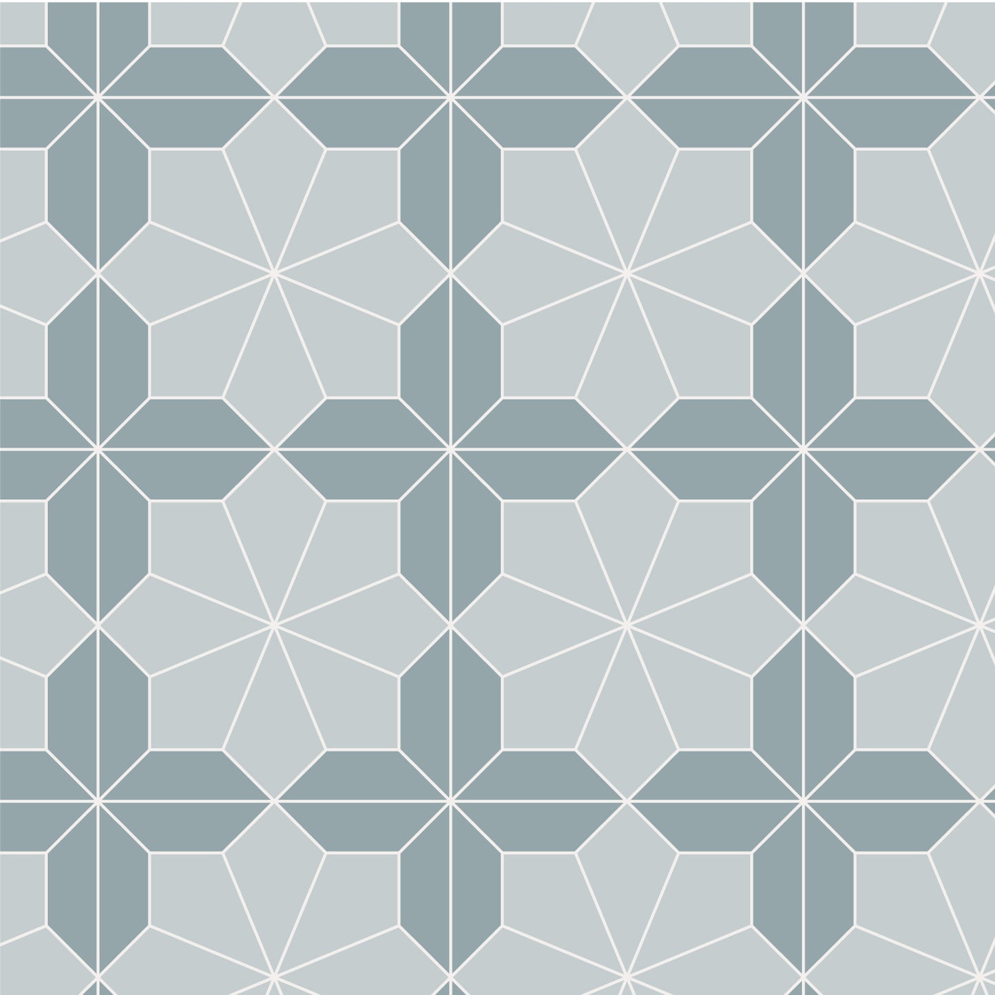 Geometric tile pattern with hexagonal shapes making a flower on a light blue background