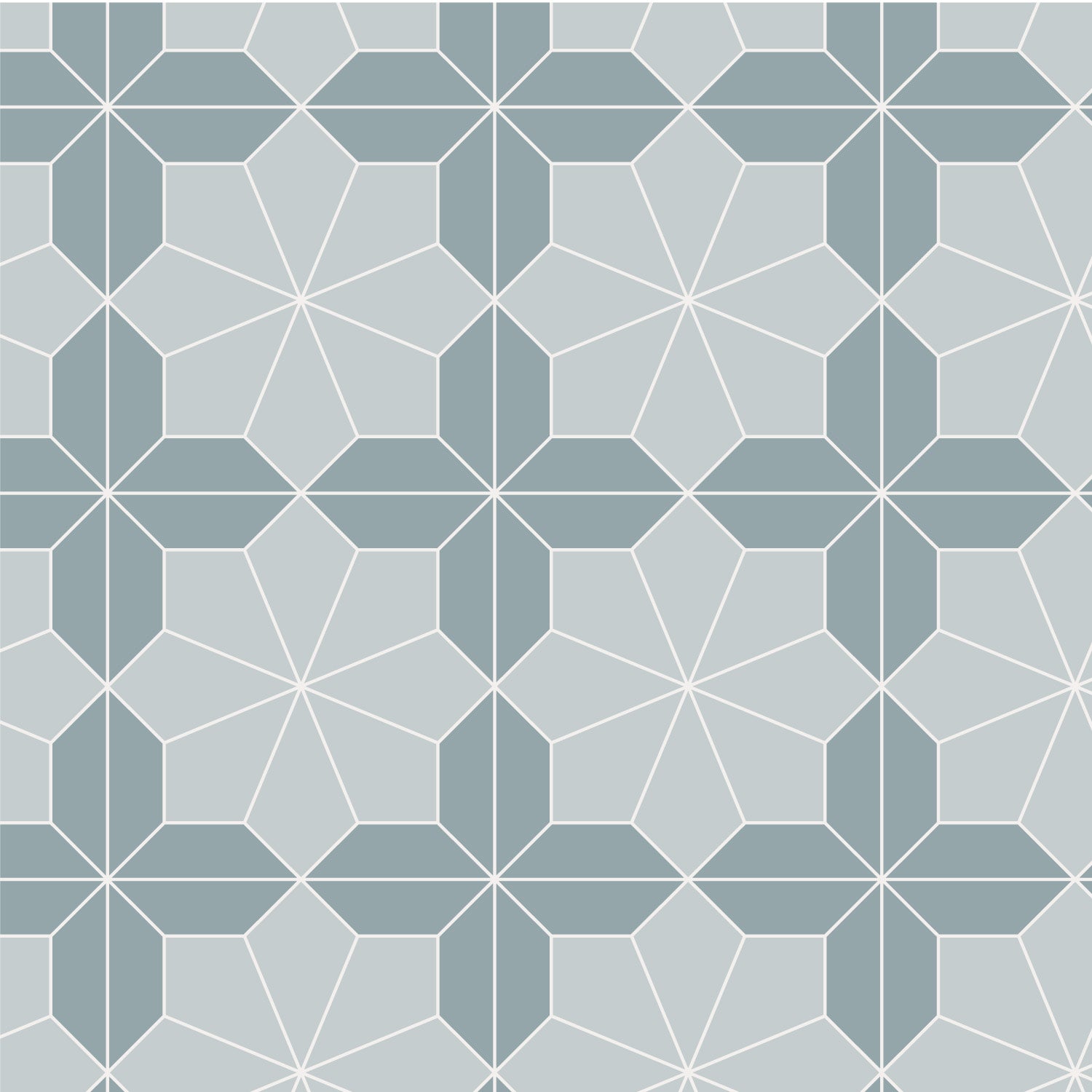 Geometric tile pattern with hexagonal shapes making a flower on a light blue background