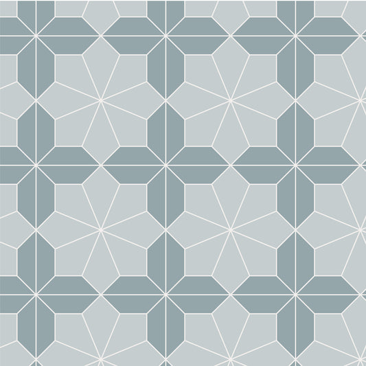 Geometric tile pattern with hexagonal shapes making a flower on a light blue background